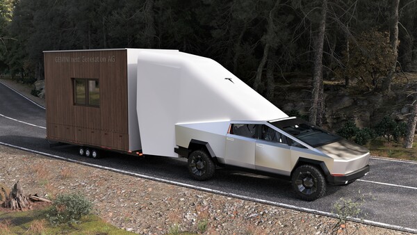 A Tesla cybertruck transports a house segment on a trailer.